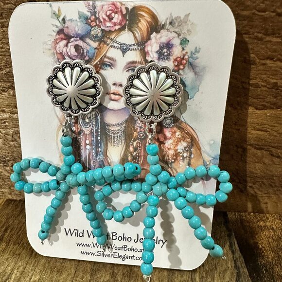 Handmade Ribbon Bow Post Earrings with Turquoise Beads, Western Boho, Ships in - Picture 2 of 9